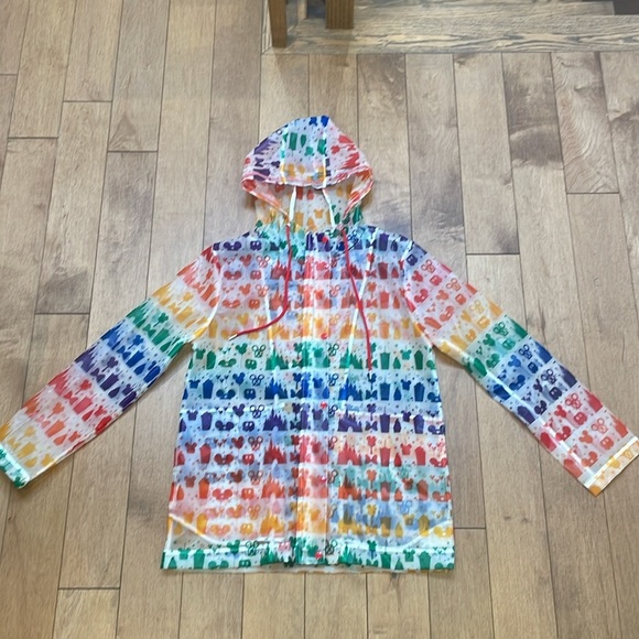 Disney Women’s Rain Jacket Rainbow Disney Collection clear drawstring hood sz S - Picture 6 of 11